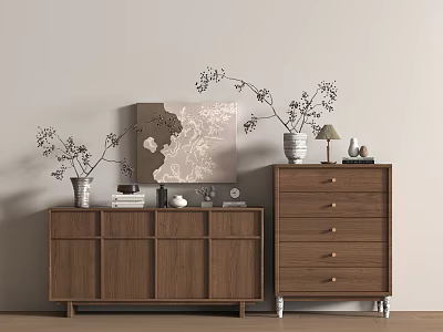 Stylish Wooden Entryway Cabinet And Side Cabinet With Vases Books And Wall Art Decor 3d model