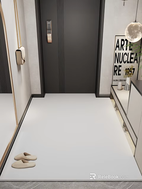 Modern Entryway Hallway Interior With Dark Door White Flooring Side Cabinet And Artwork Decor 3d model 