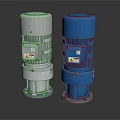 Silver and Blue Industrial Electric Gear Motors with Metal Housing and Warning Labels