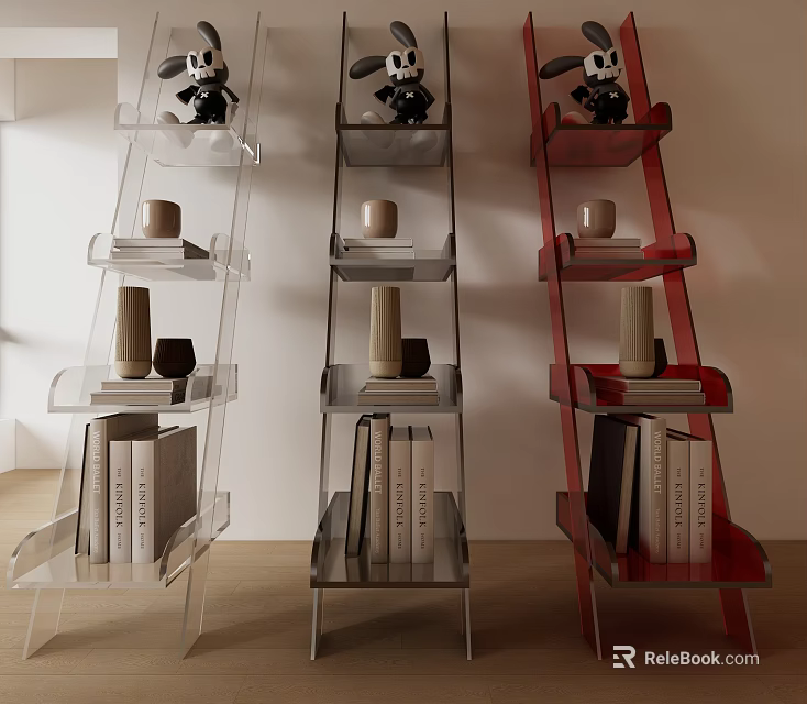Modern Ladder Style Bookcases With Transparent Black Red And Kaws Figures Mugs Vases Books 3d model 
