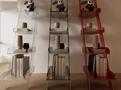 Modern Ladder Style Bookcases With Transparent Black Red And Kaws Figures Mugs Vases Books 3d model