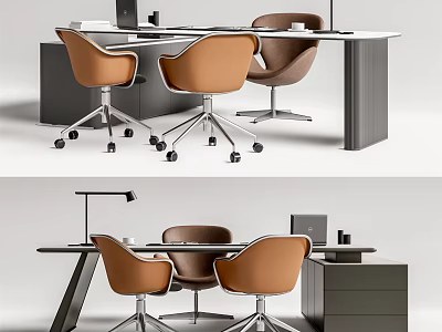 Modern Office Desk With Brown Wheeled Chairs Computer Desk Lamp And Storage Cabinet 3d model