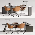 Modern Office Desk With Brown Wheeled Chairs Computer Desk Lamp And Storage Cabinet