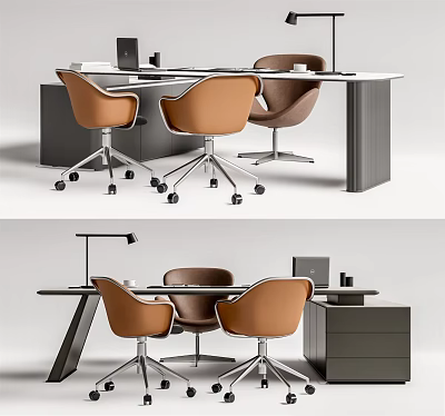 Modern Office Desk With Brown Wheeled Chairs Computer Desk Lamp And Storage Cabinet 3d model