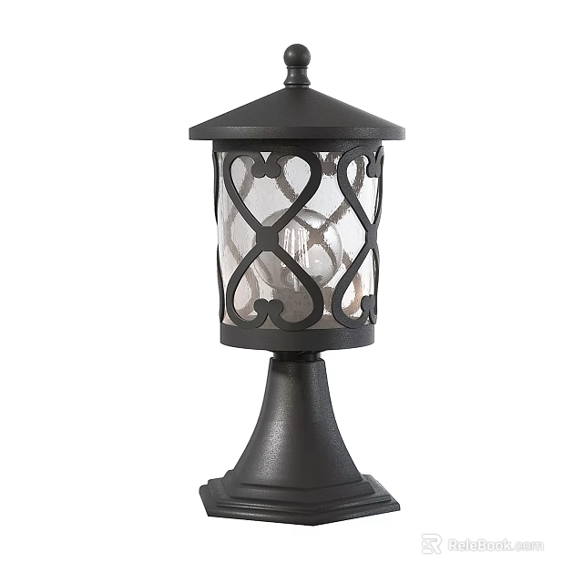 Black Outdoor Post Light With Decorative Lattice Design And Glass Shade 3d model 