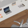 Modern White Desk Home Office With Laptop Calendar Plant Books Lamp And Two Ergonomic Chairs