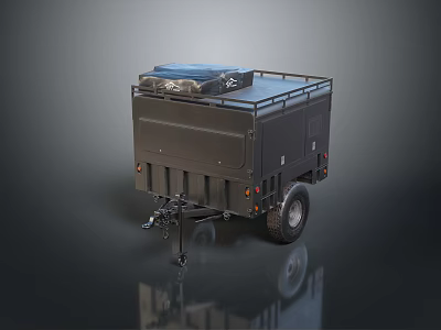 Black Camping Trailer With Roof Rack Storage Compartments And Travel Gear 3d model