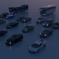 Various Cars Including Sedans SUVs And Buses Parked Together At Night