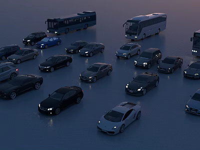 Various Cars Including Sedans SUVs And Buses Parked Together At Night 3d model