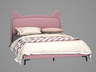 Pink Upholstered Double Bed With Cat Ear Shaped Headboard Striped Quilt And Pillows 3d model