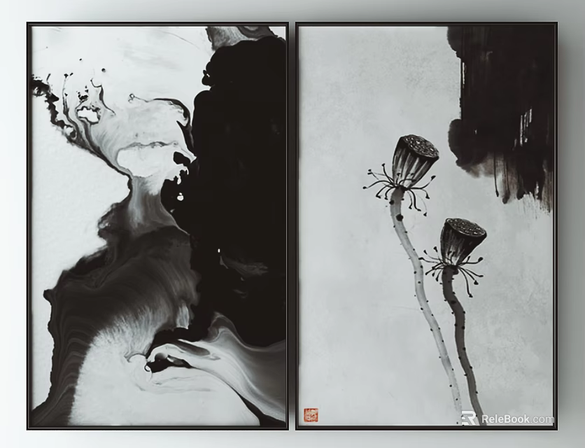 Black and White Ink Paintings Two Panel Wall Art with Abstract Flows and Flower Stems 3d model 