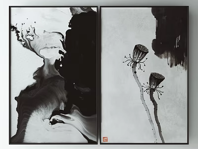Black and White Ink Paintings Two Panel Wall Art with Abstract Flows and Flower Stems 3d model