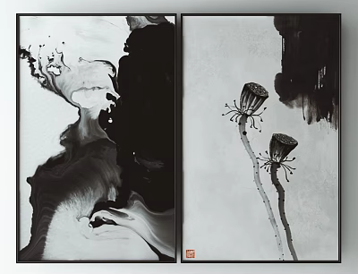 Black and White Ink Paintings Two Panel Wall Art with Abstract Flows and Flower Stems 3d model