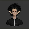 Elf Character With Spiky Black Hair Pointed Ears And Black High Collar Outfit With Zipper