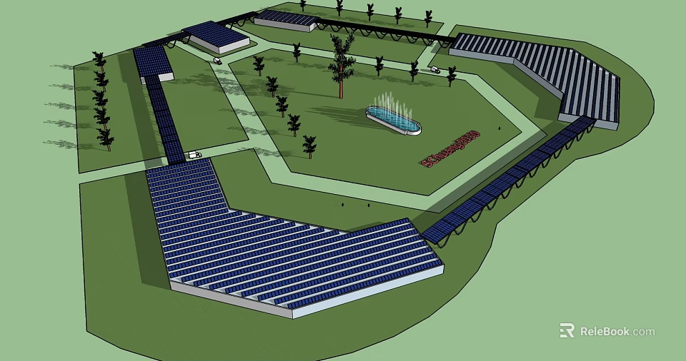 Solar Powered Community Park Design With Central Fountain And Lush Green Trees 3d model 