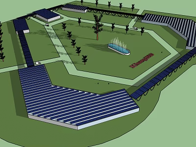Solar Powered Community Park Design With Central Fountain And Lush Green Trees 3d model