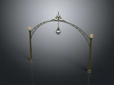 Scenic Outdoor Landscape Featuring Ornate Iron Arch With Hanging Lantern And Decorative Pillars 3d model