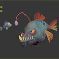 Teal angler fish featuring red fins sharp teeth and bioluminescent lure near purple pink fish