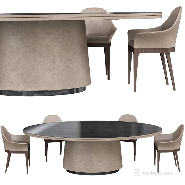 Modern Round Dining Table Set With Black Tabletop And Light Colored Chairs 3d model