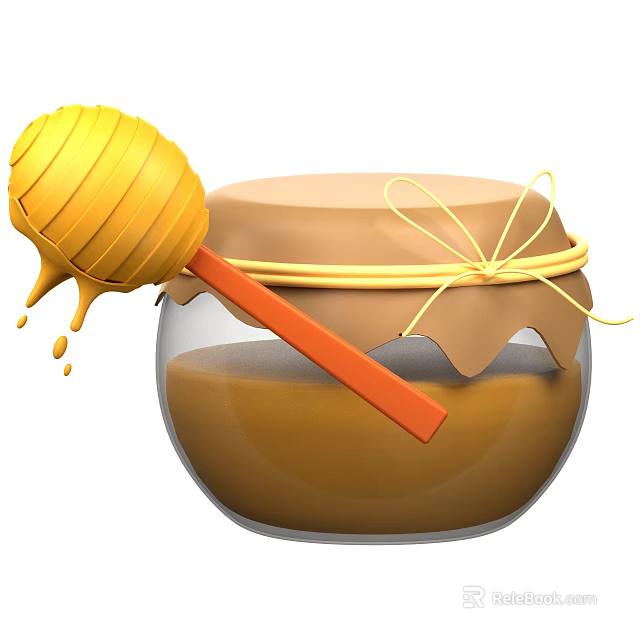 Glass Honey Jar With Brown Lid Yellow Ribbon And Dripping Honey Dipper 3d model 