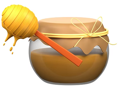 Glass Honey Jar With Brown Lid Yellow Ribbon And Dripping Honey Dipper 3d model