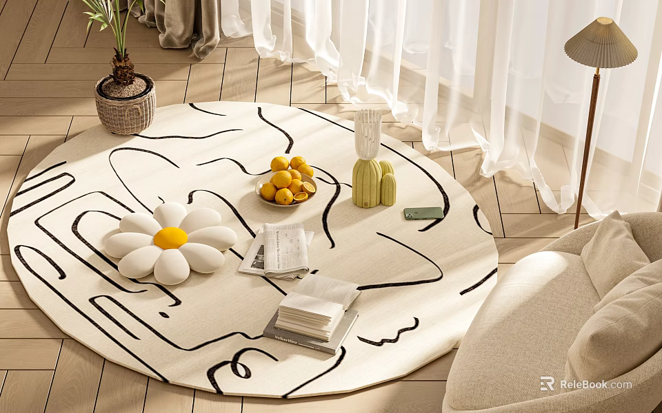 Stylish Round Area Rug In Cozy Living Room Decor 3d model 