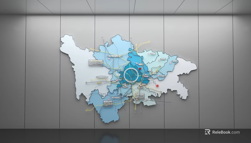 Regional Urban Map With Blue Zones Central Circle And Road Connections 3d model 
