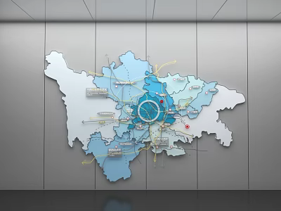 Regional Urban Map With Blue Zones Central Circle And Road Connections 3d model