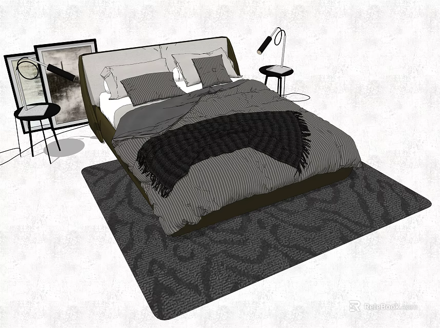 Modern Double Bed With Black Blanket Nightstand Lamp And Patterned Rug 3d model