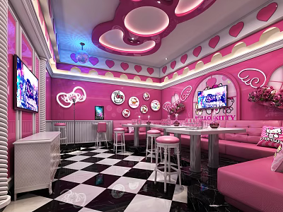 Pink Themed KTV Room With Heart Decorations Black And White Checkered Floor And TVs 3d model