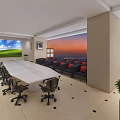 Elegant Office Workspace With Computers Workstations Large Windows And City Sunset View