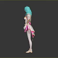 Fantasy Game Movie Character With Teal Hair Pink White Outfit And Headpiece
