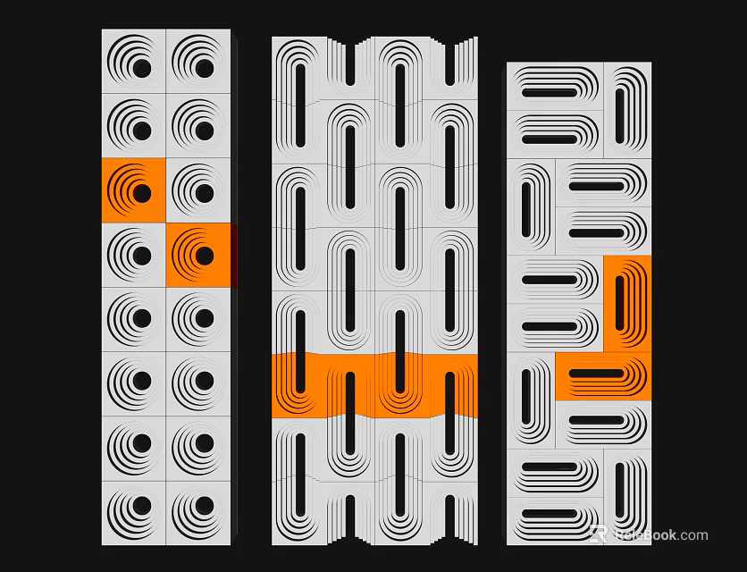 Geometric Pattern Partitions With White Background Black Lines And Orange Accents 3d model