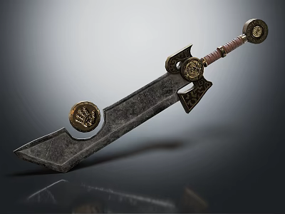 Ornate Medieval Style Sword Featuring Leather Wrapped Hilt Golden Emblems And Carved Blade Design 3d model