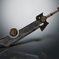 Ornate Medieval Style Sword Featuring Leather Wrapped Hilt Golden Emblems And Carved Blade Design