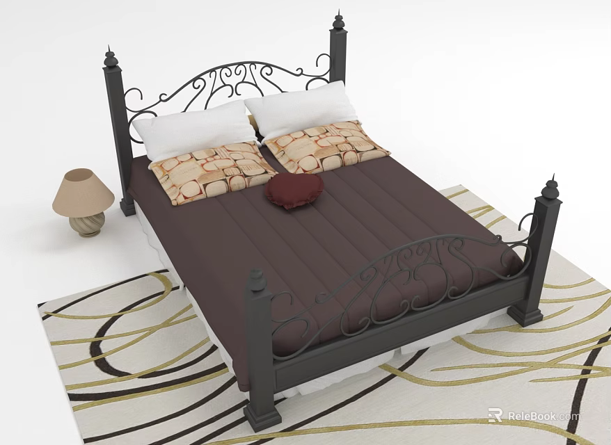 Elegant Iron Bed Frame With Two Pillows Patterned Bedspread And Table Lamp On Decorative Rug 3d model 