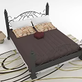 Elegant Iron Bed Frame With Two Pillows Patterned Bedspread And Table Lamp On Decorative Rug 3d model