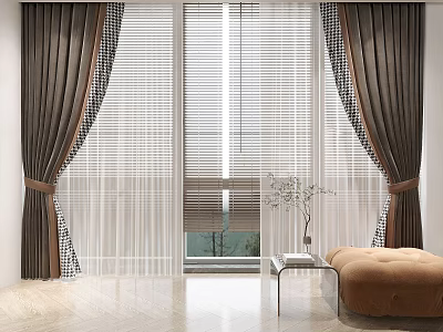 Brown Curtains With Tiebacks And Sheer Blinds By Window With Side Table Ottoman And Plant 3d model