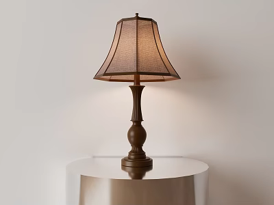 Classic Brown Wooden Table Lamp With Beige Fabric Shade On Round Metal Table 3d model
