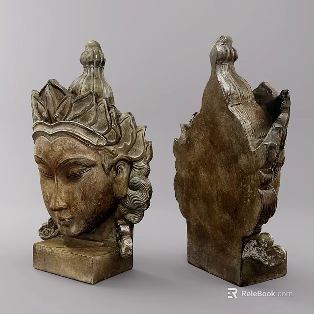 Exquisite Two Head Sculpture Carving With Traditional Decorative Headdress And Detailed Facial Features 3d model 