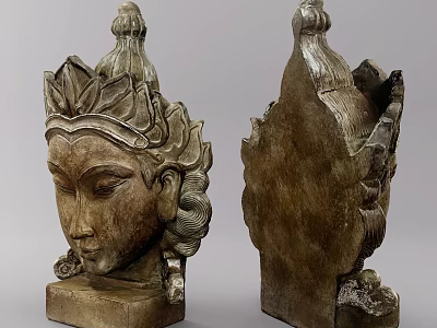 Exquisite Two Head Sculpture Carving With Traditional Decorative Headdress And Detailed Facial Features 3d model