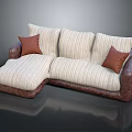 Modern Sectional Sofa with Beige Striped Cushions Brown Armrests and Throw Pillows