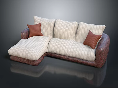 Modern Sectional Sofa with Beige Striped Cushions Brown Armrests and Throw Pillows 3d model