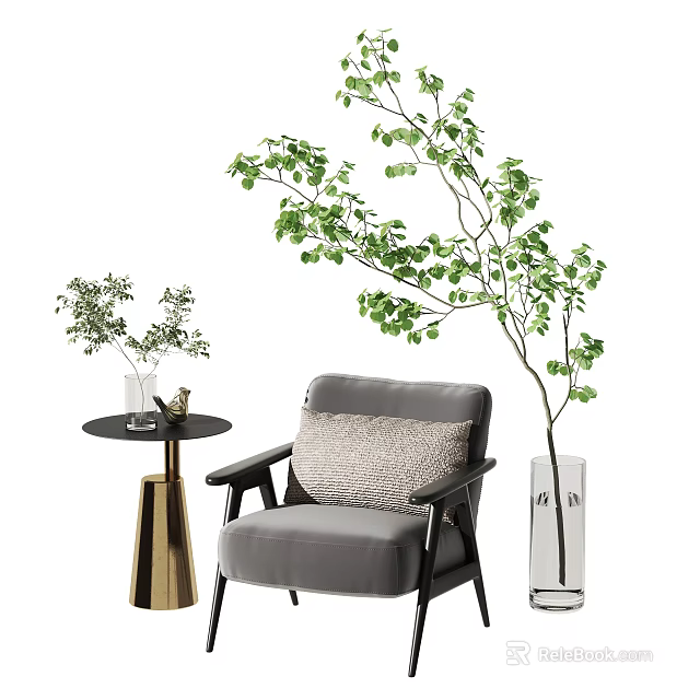 Modern Gray Single Sofa Interior With Accent Pillow Side Table And Tree Branch 3d model