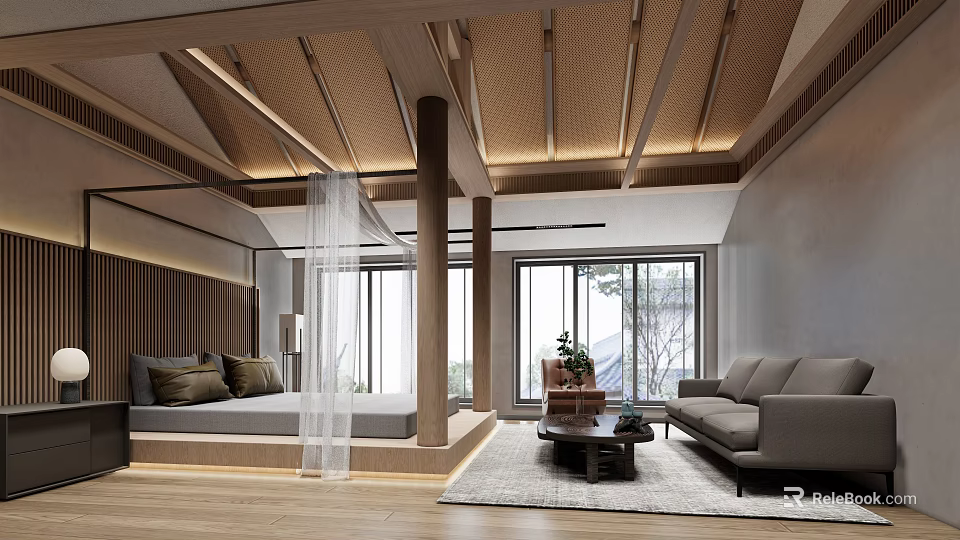 Hotel Guest Room Interior Design With Wooden Ceiling Large Windows Sofa Bed And Rug 3d model 