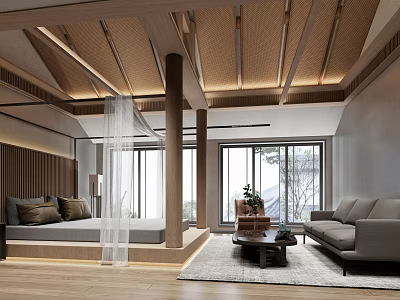 Hotel Guest Room Interior Design With Wooden Ceiling Large Windows Sofa Bed And Rug 3d model