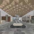 Modern Exhibition Hall Interior With Wooden Geometric Ceiling Central Sculpture And Bookshelves