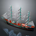 Decorative Sailing Ship with Multiple Masts White Sails Green Red Hull and Reflection