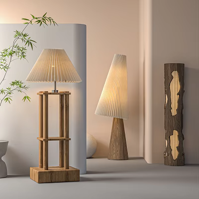 Modern Wooden Floor Lamps With Pleated Shades In Minimalist Room 3d model