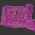 Cartoon Scene of Ruined Castle with Broken Walls Windows Green Plants and Moss